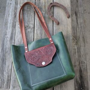 Handcrafted Green Leather Tote with Brown Tooled Flap